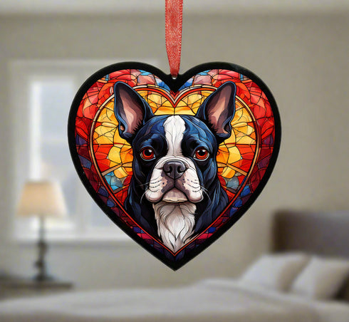 Boston Terrier Stained Glass Effect Heart Suncatcher